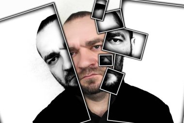 Gri bir arka plan üzerinde kızgın adam portresi. Depresyon. 