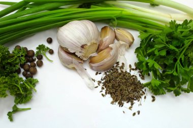 Yeşil soğan, maydanoz, sarımsak ve baharat üzerine beyaz izole. 