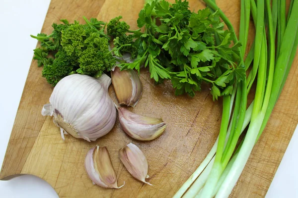 Green onions, parsley, garlic and spices. — Stock Photo, Image