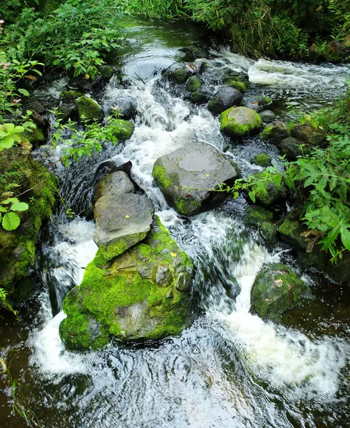 Beautiful Mountain Waterfall Green Forest Panoramic Image — Stock Photo, Image