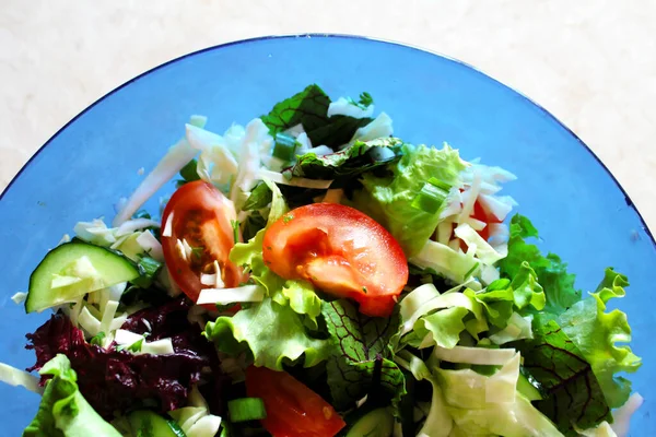 Verse Groenten Een Blauwe Kom Meng Salade Van Groenten Kruiden — Stockfoto
