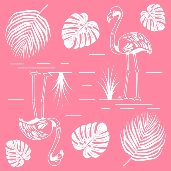 火烈鸟和热带树叶呈粉红色背景 无缝图案 矢量图像 — 图库矢量图片