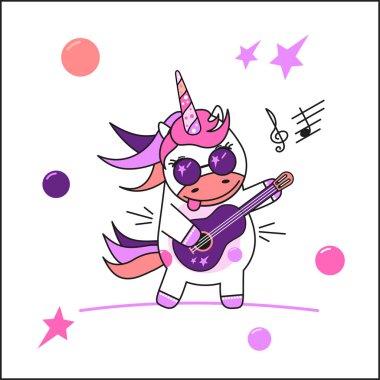 Gitar çalan tek boynuzlu at müzisyeni. İllüstrasyon çocuk baskıları için kullanılabilir (örneğin, kumaş, tabak veya posterler üzerine çizim). Vektör resmi.