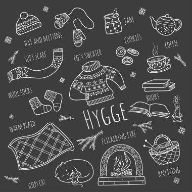 İskandinav tarzı Hygge 'de sıcak ve samimi bir set. Vektör illüstrasyonu, koyu arkaplandaki bireysel ögeler.
