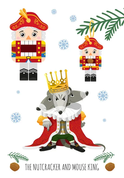 Kışın anlatılan bir Noel masalından tatlı fındıkkıran ve kötü Fare Kralı. Beyaz bir arkaplan ayarla. Noel kartları için komik düz stil, Noel için posterler, yeni yıl.