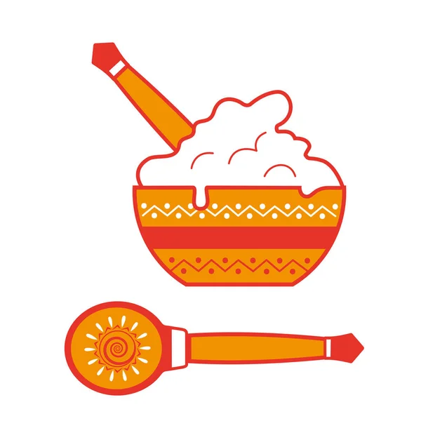 Wooden bowl with sour cream and painted spoon. Pancake day. Vector image on a white background.