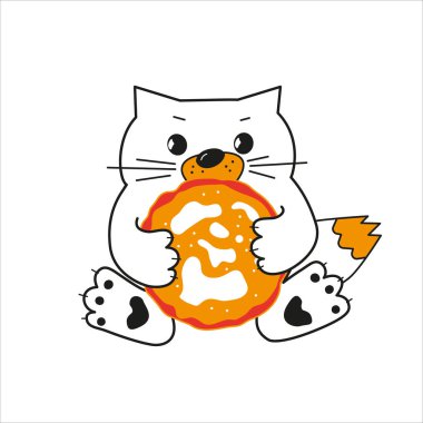 Maslenitsa festivalinde patilerinde krep olan bir kedi. Beyaz arkaplanda vektör resmi.