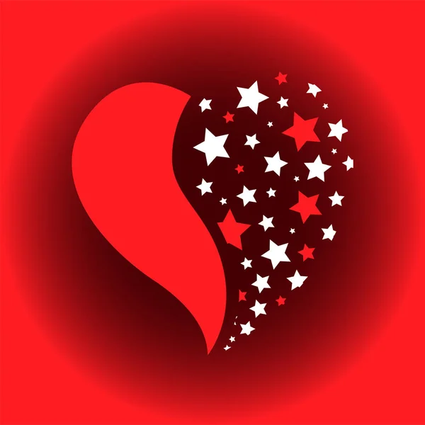 A red heart on a red gradient background, half decorated with white and red stars. Happy Valentine's Day. Vector illustration for postcards, greetings, invitations, banners.