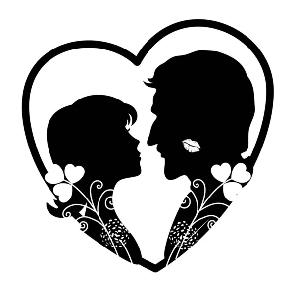 Silhouette Girl Man Background Heart Lovers Look Each Other Isolated — Stock Vector