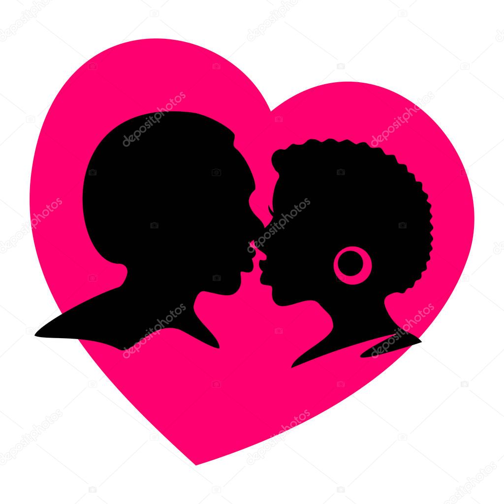 Silhouette of an African-American girl and a man on the background of a heart. Lovers look at each other. Isolated black and white image. Decorative element for decoration of postcards, posters.
