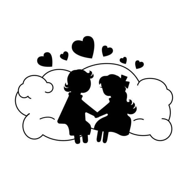 Boy Girl Lovers Sitting Cloud Holding Hands Silhouette Black White — Stock Vector