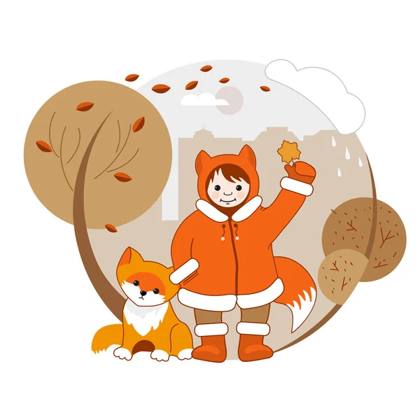 Paesaggio Autunno Ragazzina Costume Fox Con Una Piccola Fox Immagine — Vettoriale Stock