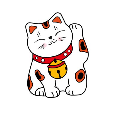 Maneki-neko, beyaz arka planda sol pençesi havada bir Japon kedisi. Mutluluğun, şansın, zenginliğin sembolü. Vektör izole görüntü. Çocuk kıyafetleri ve aksesuarları tasarımı.
