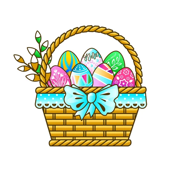 Wiklinowy Kosz Jajkami Wielkanocnymi Ozdobiony Niebieską Kokardą Jasne Świąteczne Zdjęcie — Wektor stockowy