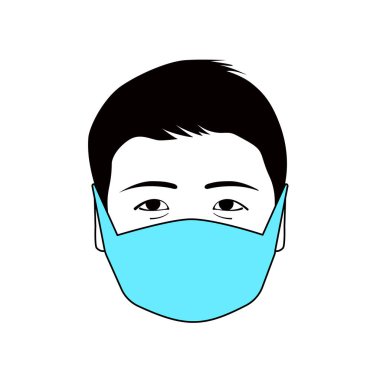 Bir adamın başı, Asyalı tipli, tıbbi maskeli, virüsten korunan. İzole edilmiş vektör resmi.