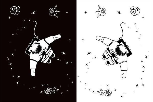 Астронавт Космосе Звезды Метеоритные Камни Спутник Повсюду Зеркальное Изображение Черном — стоковый вектор