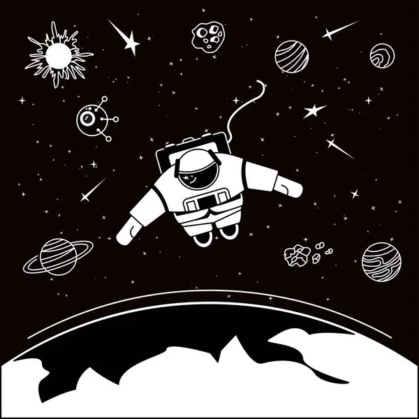 Astronaut Floats Freely Open Space Stars Planets Black White Graphics — 图库矢量图片