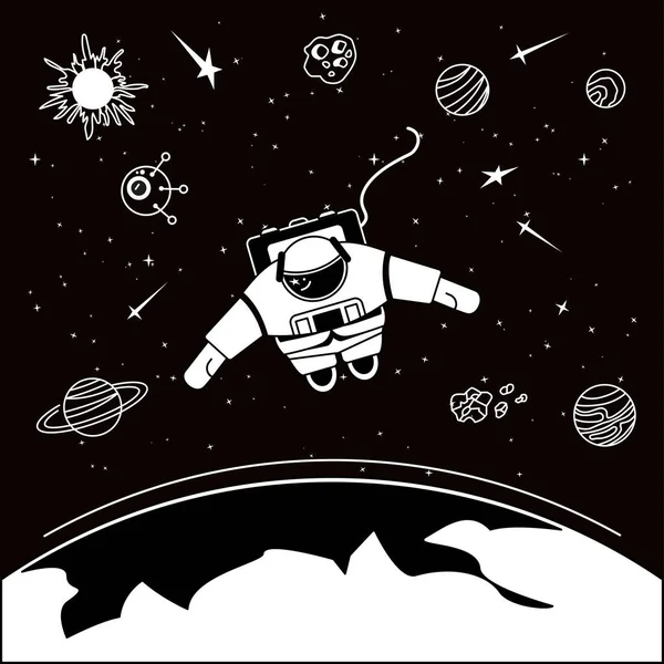 An astronaut floats freely in the open space, among the stars and planets. Black and white graphics in the sketch style. Vector isolated image.