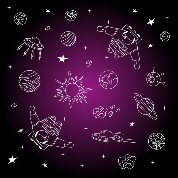 Космический Комплекс Астронавты Открытом Космосе Нло Планеты Звезды Иллюстрация Стиле — стоковый вектор
