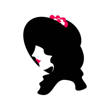 Şapkalı bir kız portresi, siyah-beyaz siluet, kırmızı dudaklı ve şapkasında bir çiçek olan. Beyaz arkaplanda izole edilmiş vektör resmi.