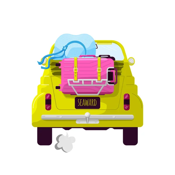 車で旅行 女の子は開いた上でレトロな車の中で海に行く ピンクの旅行スーツケースが車のトランクにはまっている 後ろの景色 白い背景に切り取られたベクトル画像 — ストックベクタ