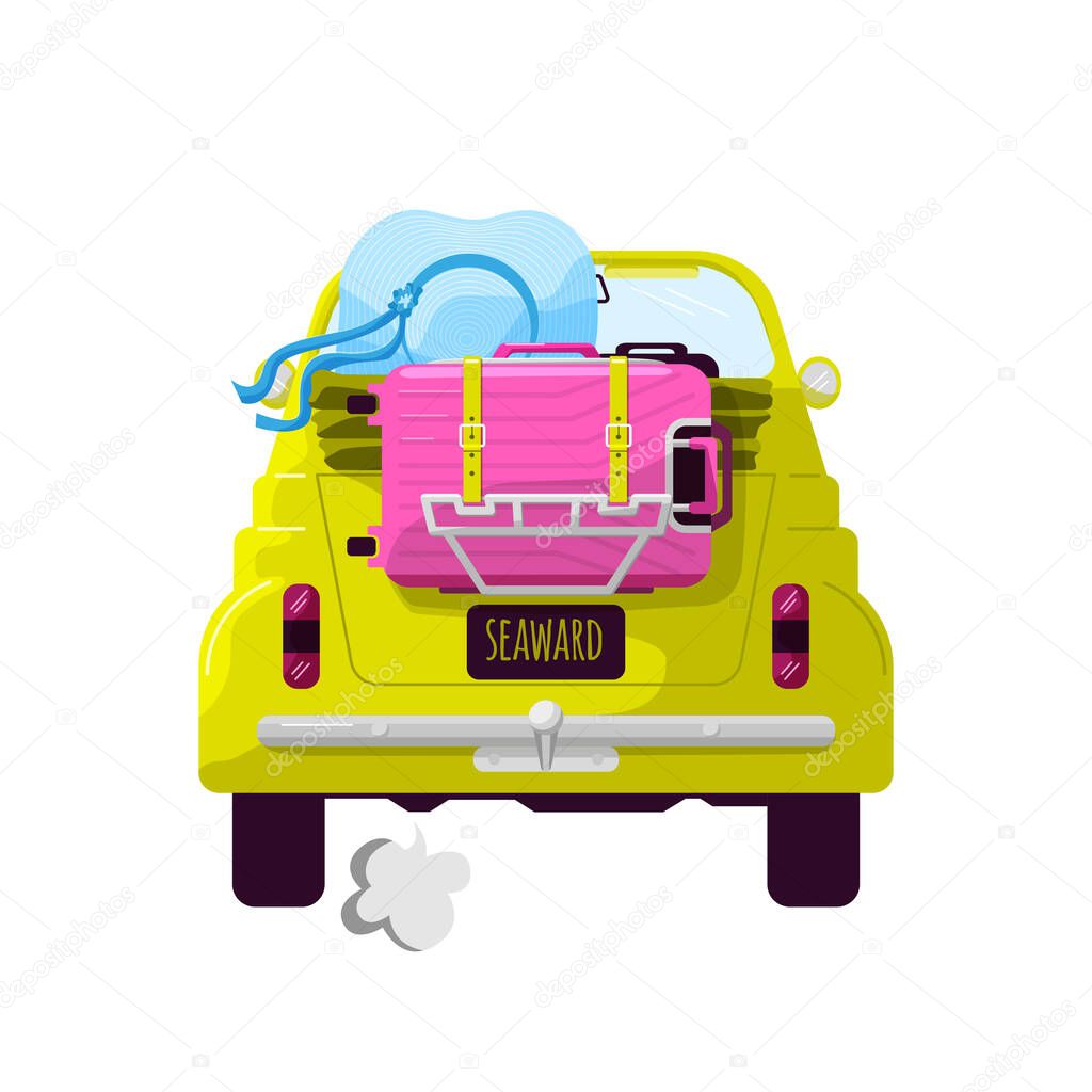 Travel by car. The girl goes to the sea in a retro car with an open top. A pink travel suitcase is strapped to the trunk of the car. Rear view. Vector image isolated on a white background.