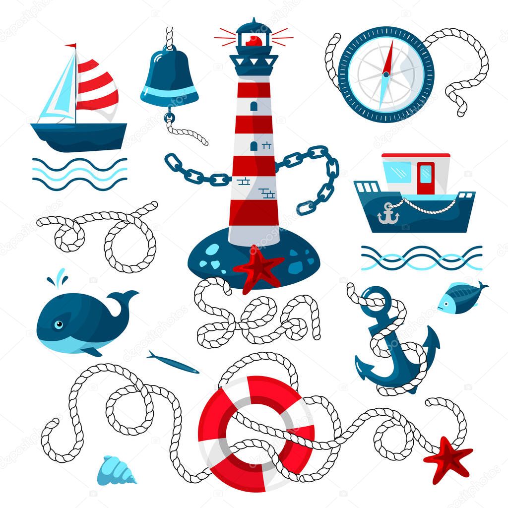 Set on a marine theme in a cartoon style. Lighthouse, anchor, lifebuoy, boats , and more. Vector image isolated on a white background.