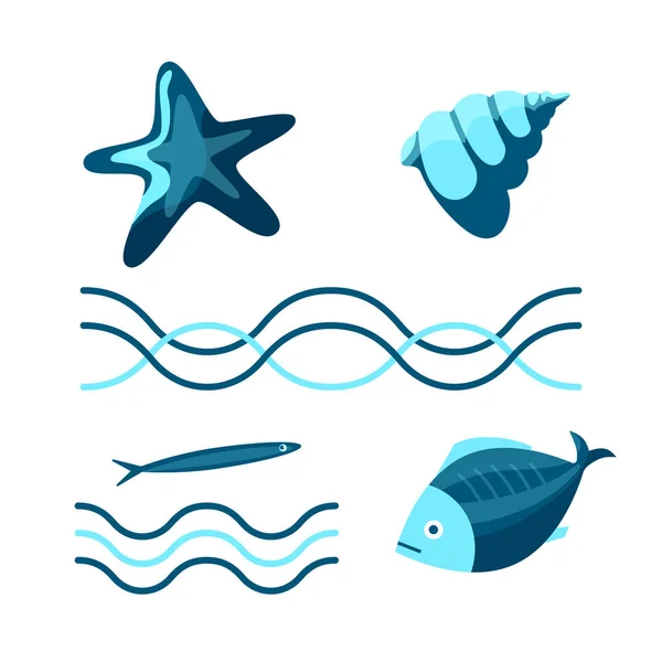 Морской Комплект Волны Ракушка Рыба Морская Звезда Синим Цветом Стиле — стоковый вектор