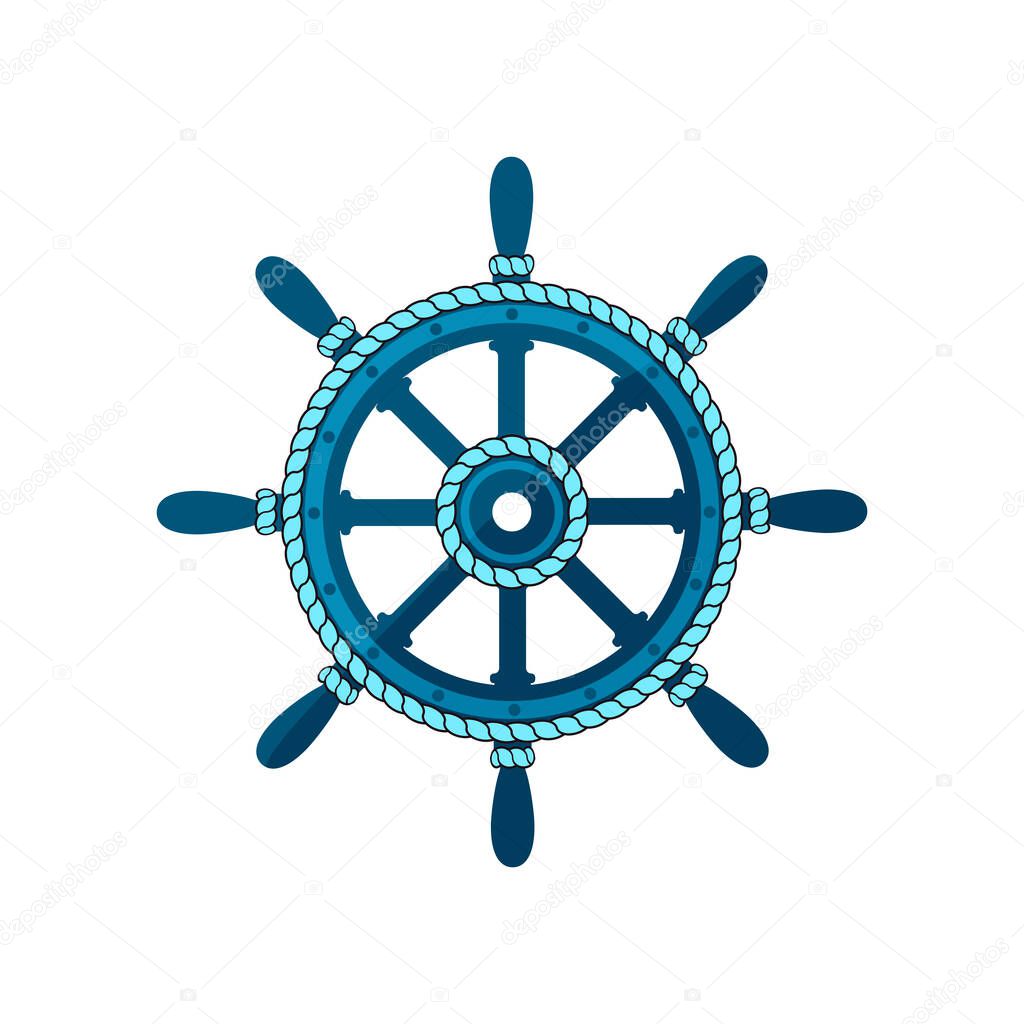 The ship's wheel is decorated with a sea rope. Vector image isolated on a white background.