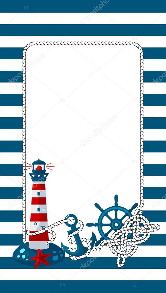 Frame with a marine theme in the cartoon style. Template for poster design, invitation to a children's party, greeting card, photo frame. Isolated vector illustrations.