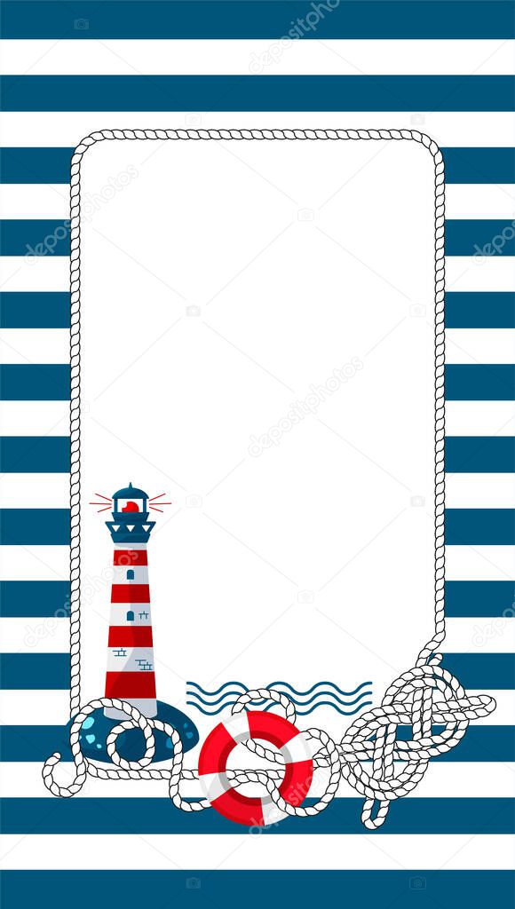 Frame with a marine theme in the cartoon style. Template for poster design, invitation to a children's party, greeting card, photo frame. Isolated vector illustrations.