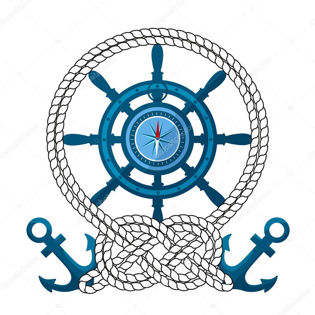 Marine kit: the round frame with a rope sailor's knot on the bottom, steering wheel, compass, anchor. Vector image isolated on a white background.