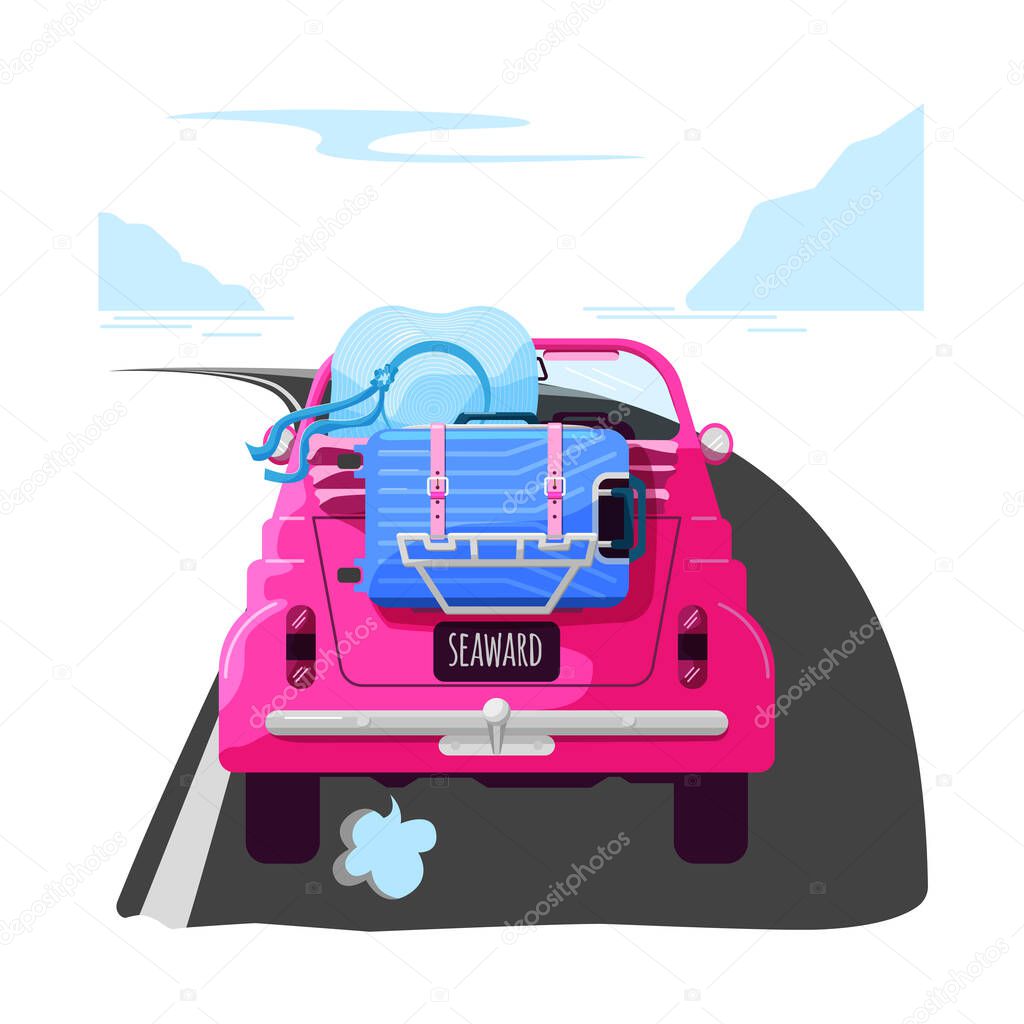 Travel by car. The girl goes to the sea in a retro car with an open top. A travel suitcase is strapped to the trunk of the car . Vector image in the style of the cartoon.