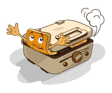 Viyana Waffle 'ı gözleme ızgarasından kaçmaya çalışıyor. Komik bir illüstrasyon. Beyaz arkaplanda izole edilmiş vektör resmi.