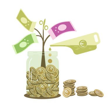 Para ağacı bir kavanoz Euro bozukluğundan yetişiyor. Yapraklar yerine, Euro banknotları. Bir sulama tenekesinin bir ağacı sulaması yenilenmiş bir katkıyı sembolize eder. Beyaz arkaplandaki vektör ve izole görüntü.