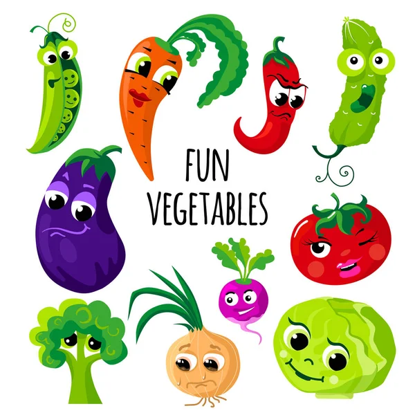 Sada Zeleniny Legračními Tvářemi Vektorový Obraz Izolovaný Bílém Pozadí Ilustrace — Stockový vektor