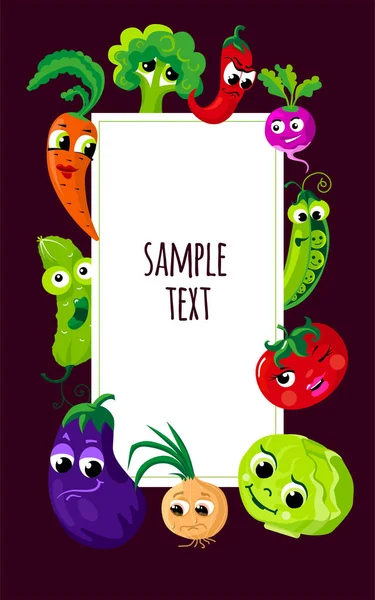Funny Vegetables Cute Faces Vertical Composition Space Text Vector Image — Stock Vector