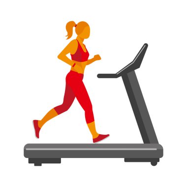 Koşu bandında kırmızı eşofmanlı bir kız. Beyaz arkaplanda izole edilmiş vektör resmi.