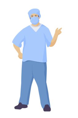 Bir doktor, takım elbiseli bir cerrah ve tıbbi maske. Beyaz arkaplanda izole edilmiş vektör resmi.