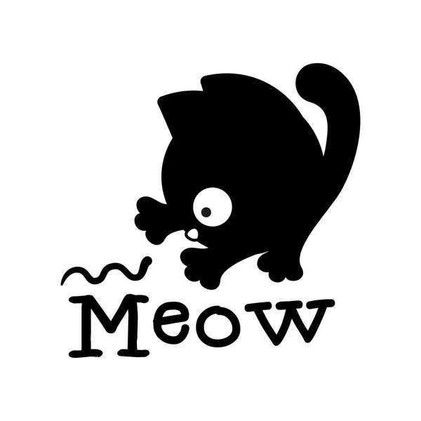 Funny Black Kitten Playing Worm Meow Text Simple Style Design — Stock Vector