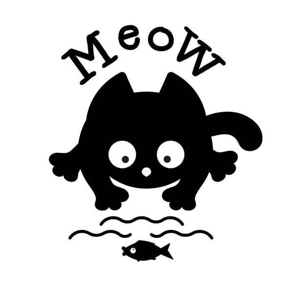 Мяу Смешной Чёрный Котёнок Ловит Рыбу Простой Стиль Дизайна Открыток — стоковый вектор