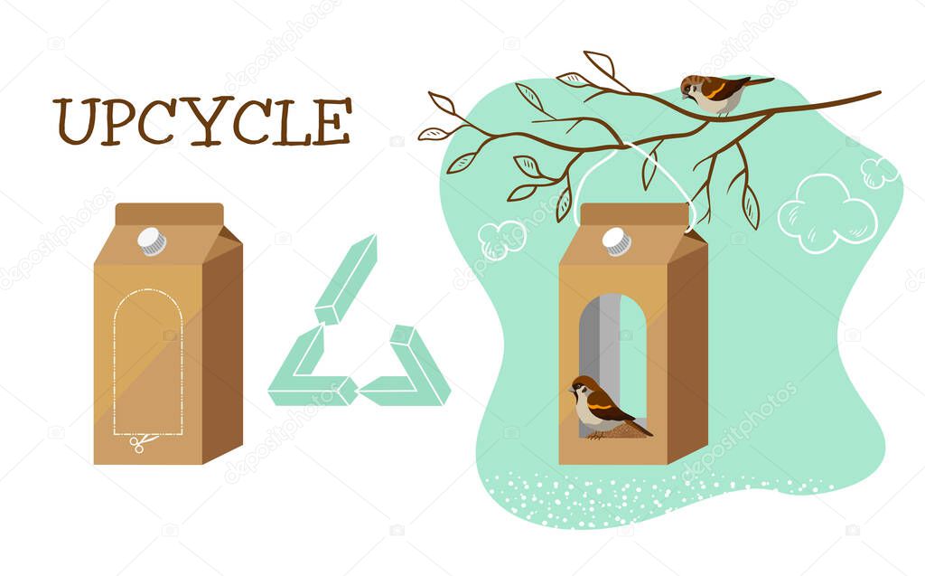 The concept of updates.Secondary use of a milk box as a bird feeder. Vector isolated on a white background.