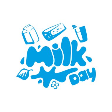 Süt günü, el yazması bir torba süt, peynir ve bir bardak sütle süslenmiş. Dünya süt günü. Vektör düz biçimi.  