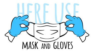 Al, maske ve eldiven kullan. Eldivenli eller ve tıbbi maske. Çizgi film tarzında vektör illüstrasyonu. Beyaz bir arkaplanda izole edilmiş.