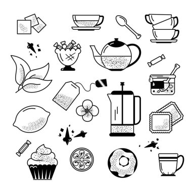 Çay saati, bir dizi vektör çizimi, simge olarak kullanılabilir. Siyah beyaz, izole..