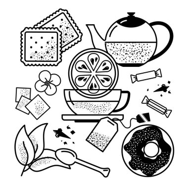 Çay bezi, çay içmek için bir takım eşyalar. Vektör doğrusal çizim. Beyaz arka planda siyah, izole..