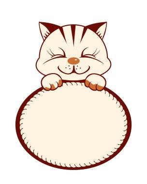 Pençeleri olan bir kedi yavrusu yazmak için bir çember tutar. Çemberdeki herhangi bir etiket için şablon. Beyaz arkaplanda izole edilmiş vektör resmi