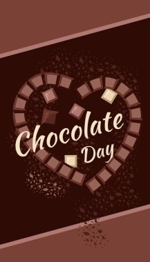 Çikolata günü. Çikolata, süt, beyaz çikolata ve çikolata parçacıkları. Pankart, poster ya da kartpostal tasarlamak. Vektör illüstrasyonu.