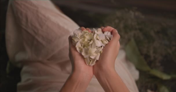 Reverse Shot Des Modells Das Die Blütenblätter Hält Herzform Bildet — Stockvideo