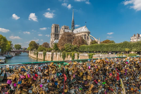 The love bridge and Notre Dame Cathedral in Paris — Stock Photo, Image